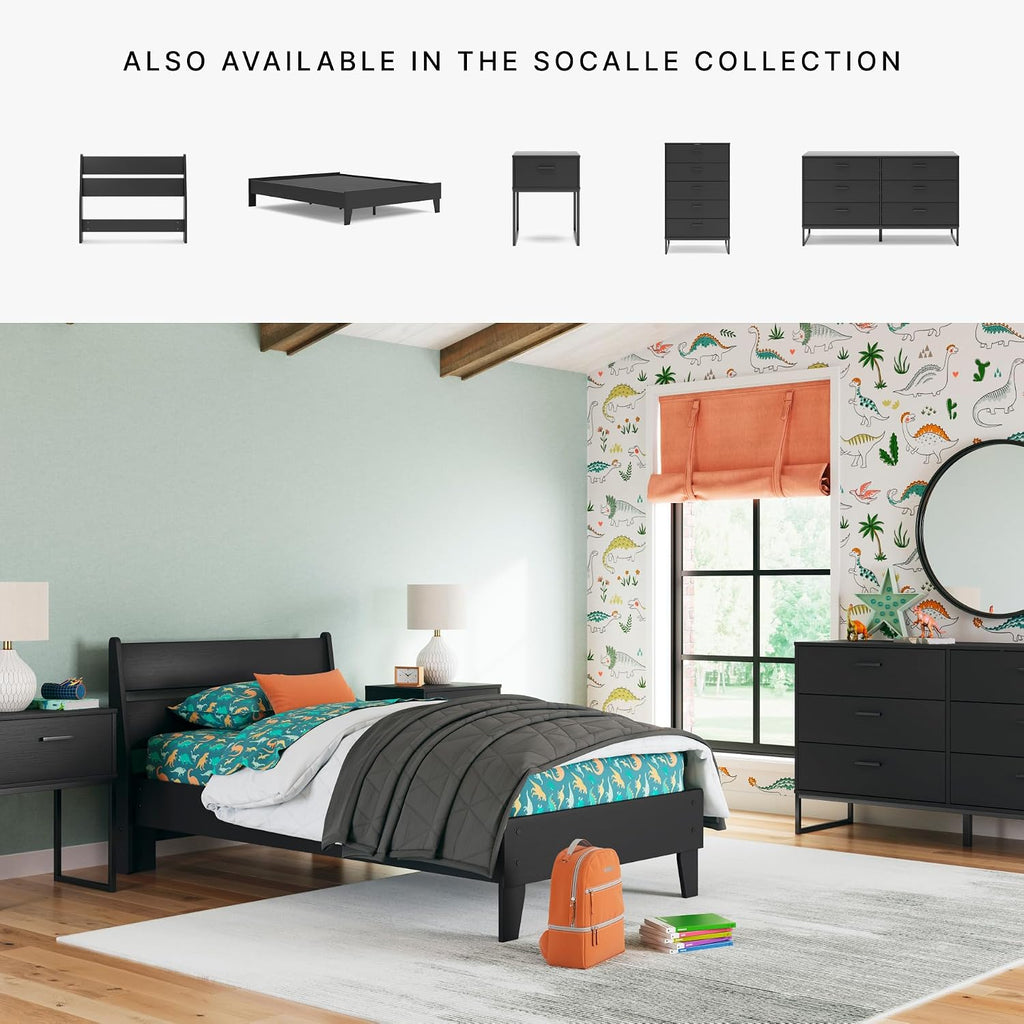 Signature Design by Ashley Socalle Twin Panel Headboard, Bed Frame Mount, Engineered Wood and Decorative Laminate Construction, Ideal for Small Bedrooms and Kids Rooms, Matte Black, Twin