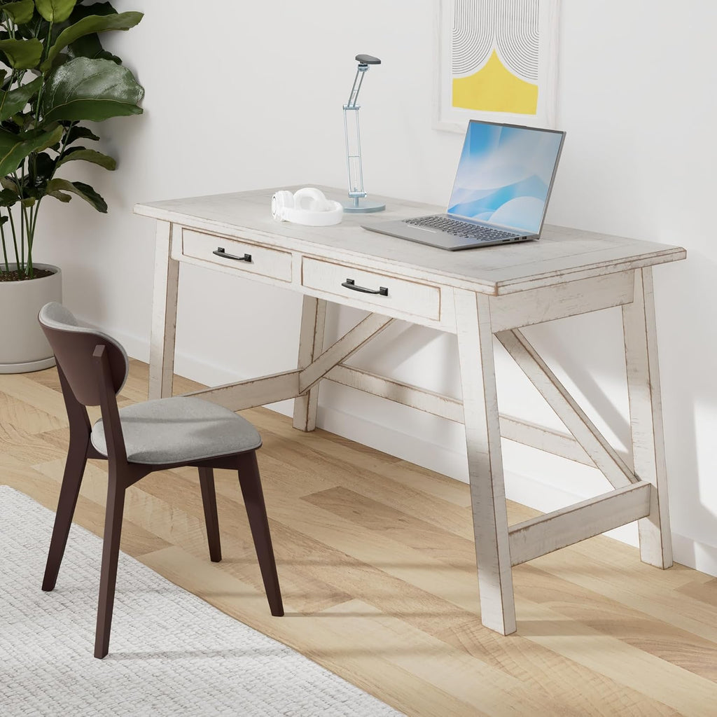 Signature Design by Ashley Carynhurst Farmhouse Large Leg Home Office Desk, 2 Storage Drawers, Vintage Bronze Hardware, Wood, 60.25" Wide, Antique White