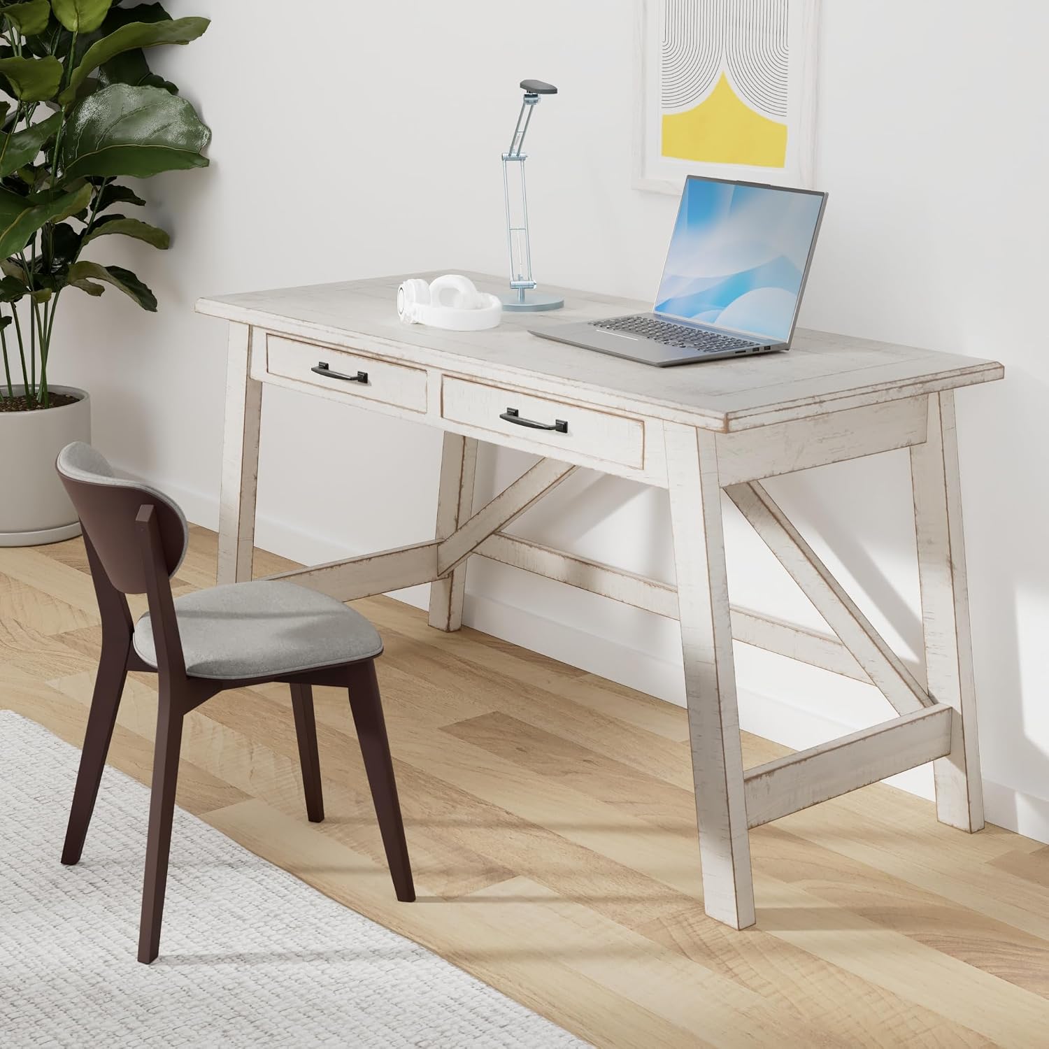 Signature Design by Ashley Carynhurst Farmhouse Large Leg Home Office Desk, 2 Storage Drawers, Vintage Bronze Hardware, Wood, 60.25" Wide, Antique White