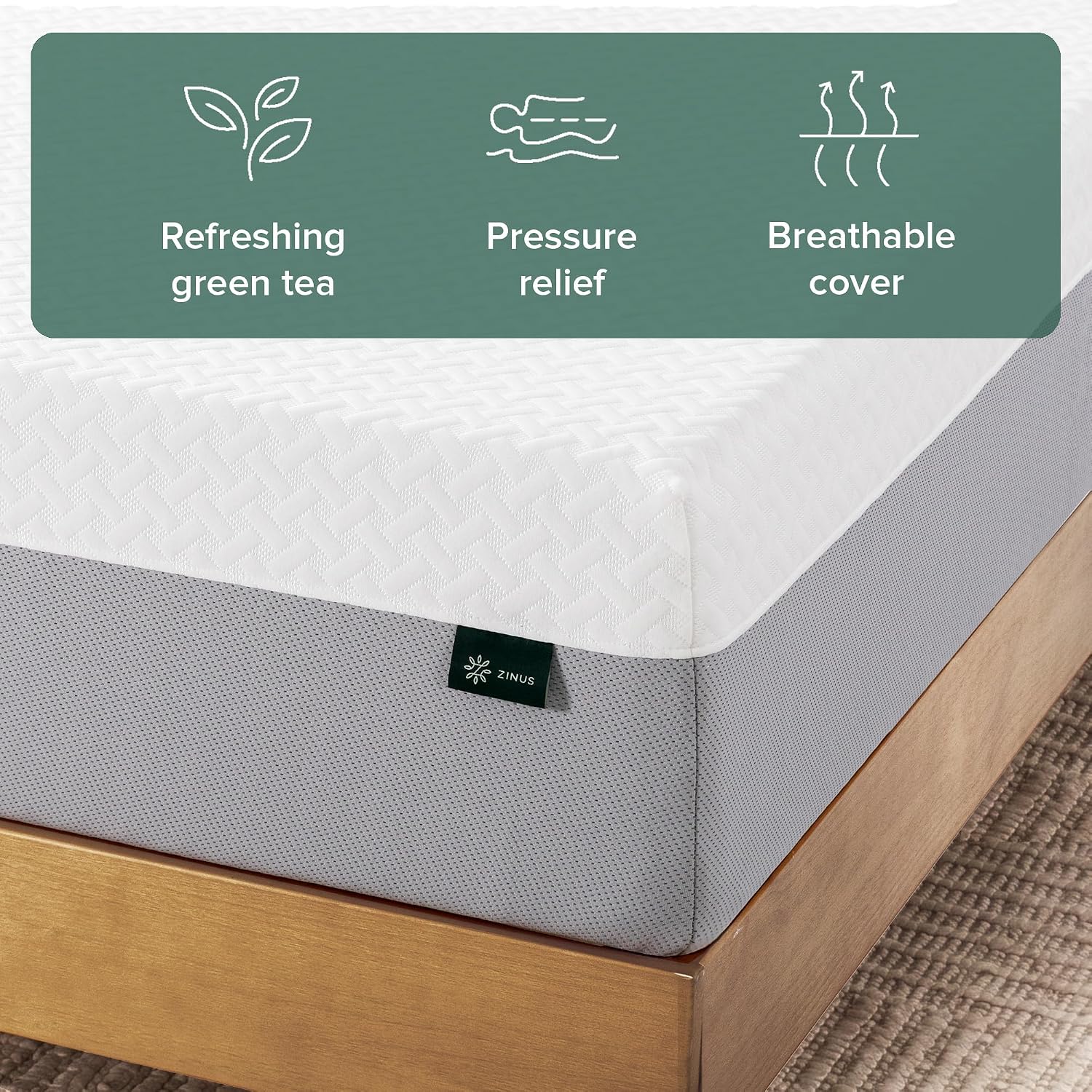 Zinus 10 Inch Green Tea Essential Memory Foam Mattress [New Version], Queen, Fiberglass Free, Medium Feel, Breathable Airflow Memory Foam, Certified Safe Foams & Fabric, Mattress in A Box