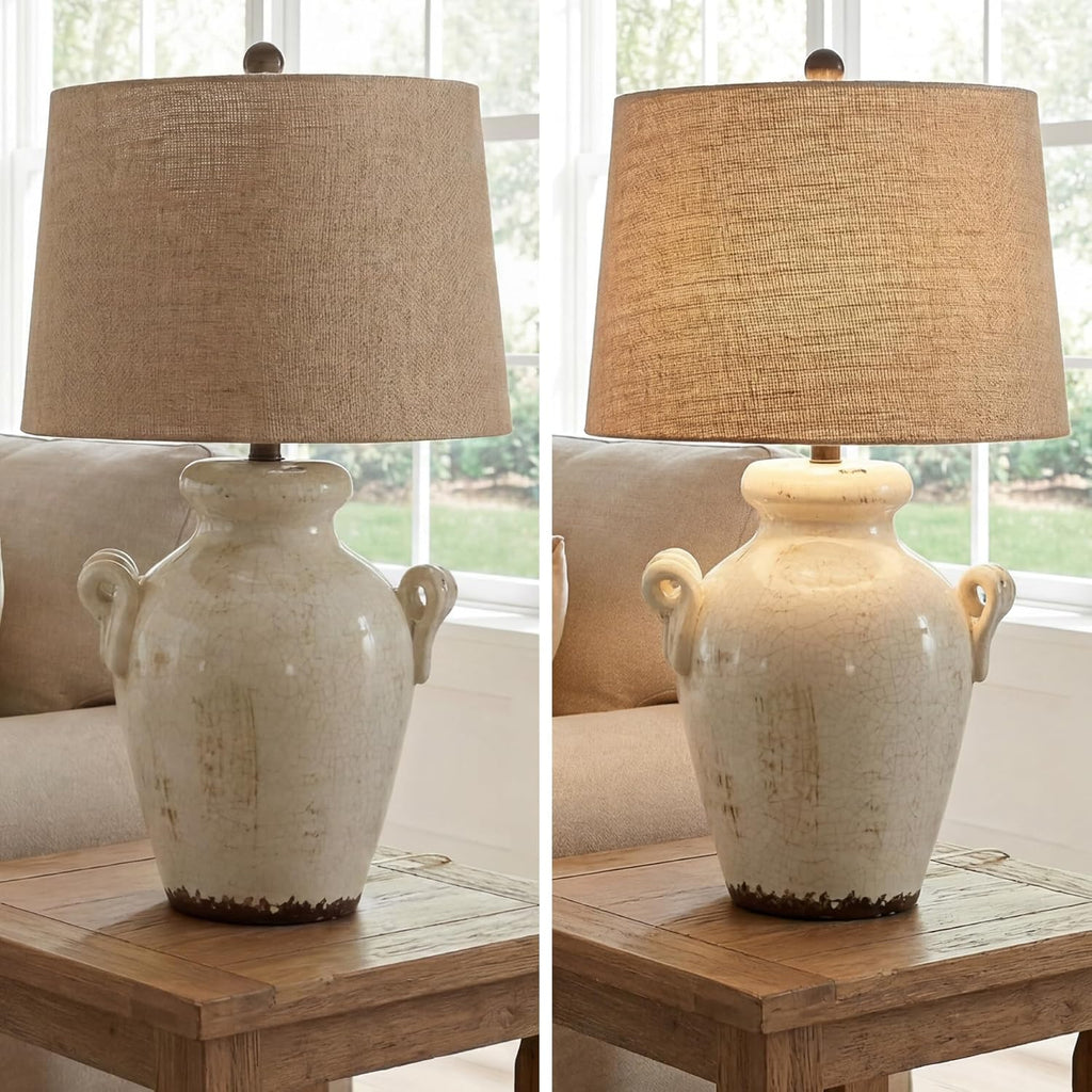 Signature Design by Ashley Emelda Casual Farmhouse Ceramic Table Lamp with Fabric Modified Drum Shade and 3-Way Switch, 27.25', Cream Glaze Crackle Finish