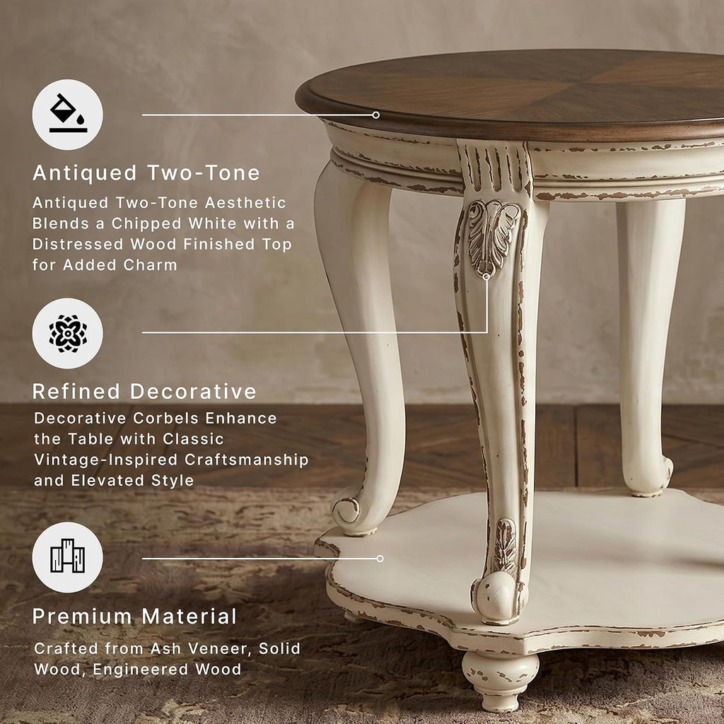 Signature Design by Ashley Realyn Round End Table, Cottage-Style Side Table with Antiqued Two-Tone Finish, Wood & Veneer Construction for Living Room or Bedroom, White/Brown