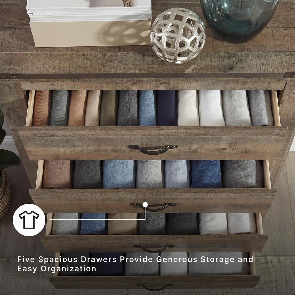 Signature Design by Ashley Trinell Rustic 5 Drawer Chest of Drawers with Nailhead Trim, Warm Brown