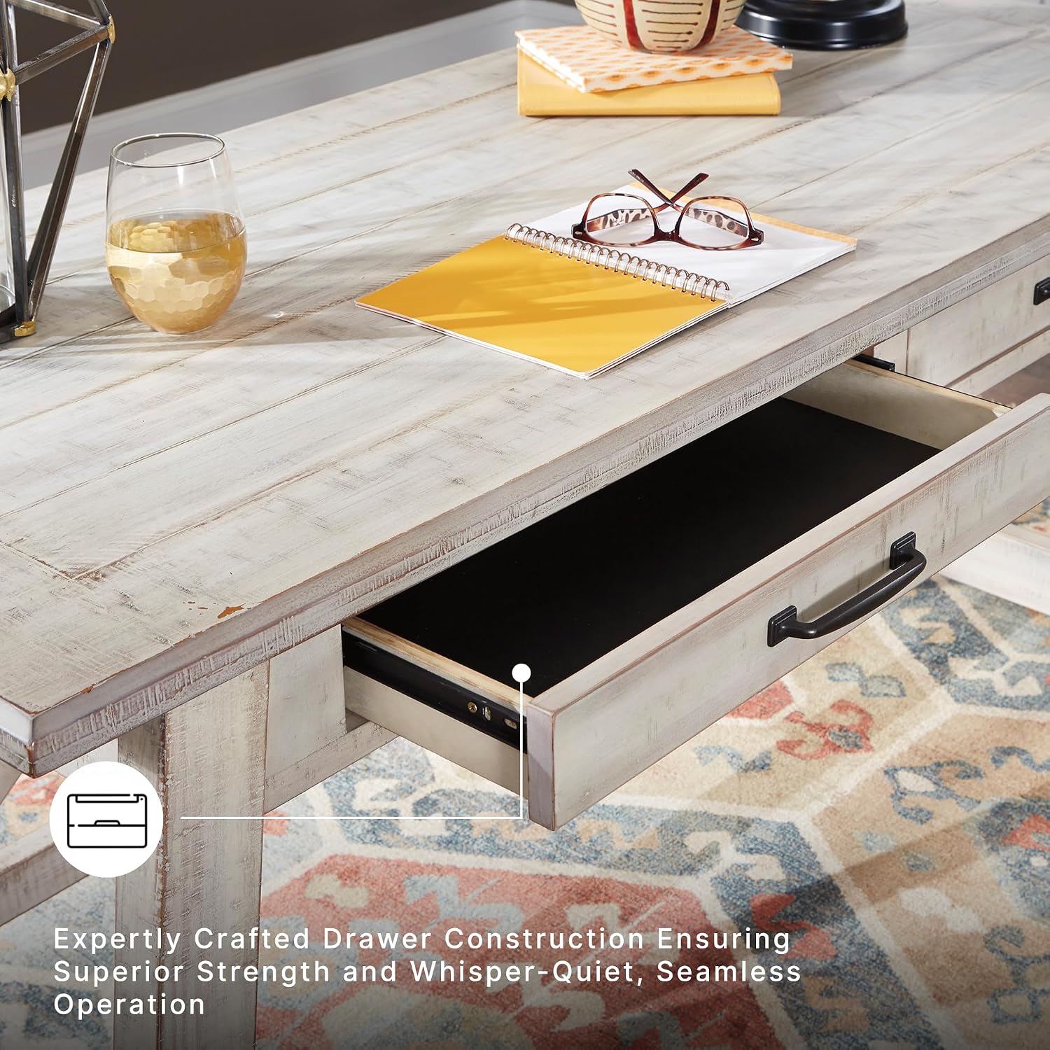 Signature Design by Ashley Carynhurst Farmhouse Large Leg Home Office Desk, 2 Storage Drawers, Vintage Bronze Hardware, Wood, 60.25" Wide, Antique White