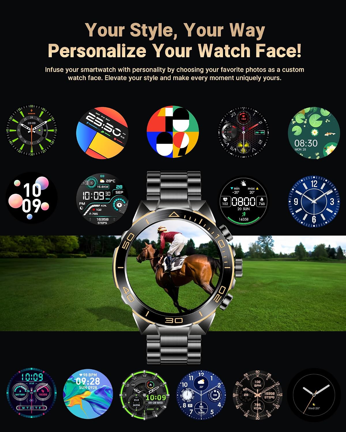 Smart Watch for Men Answer/Make Call for Android iPhone, 1.43" AMOLED HD Screen Mens Luxury Watch, 400mAh Heavy Duty Smartwatch Heart Rate Blood Oxygen Blood Pressure Sleep Monitor Pedometer, 2 Straps