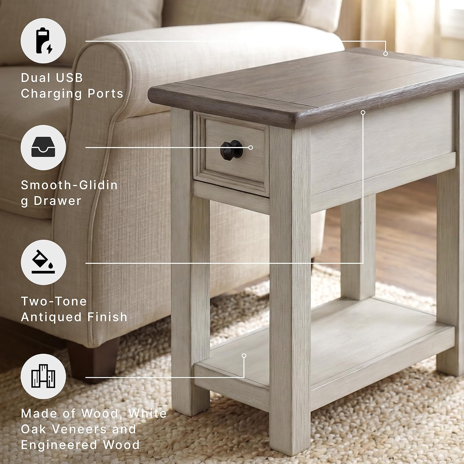 Signature Design by Ashley Bolanburg Chairside End Table With Charging Station, Two-Tone Wood Accent Table With Drawer Storage, Plank Top Design for Living Room or Bedroom, Antique White