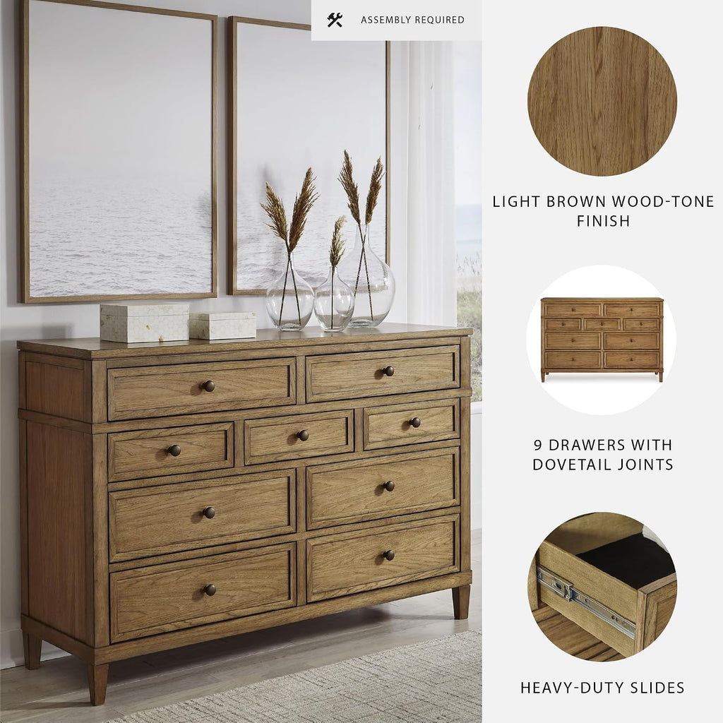 Signature Design by Ashley Sharlance Transitional 9-Drawer Dresser with Felt-Lined Top Drawers, Warm Brown