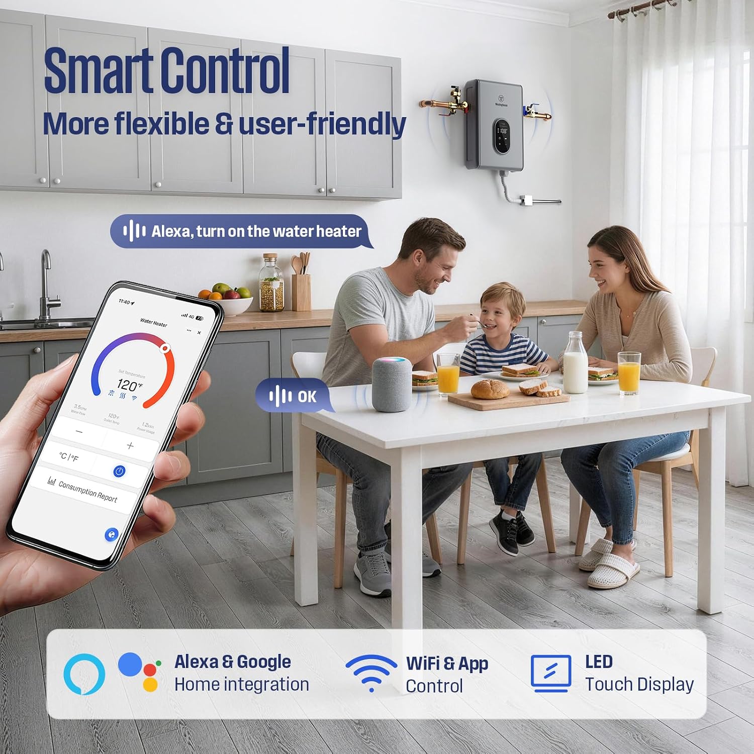 Westinghouse Tankless Water Heater Electric 11kW 240V, Max 2.6 GPM with LED display, On Demand Instant Hot Water Heater, WIFI & Self Modulating High Efficiency, Copper Heating, ETL Certified