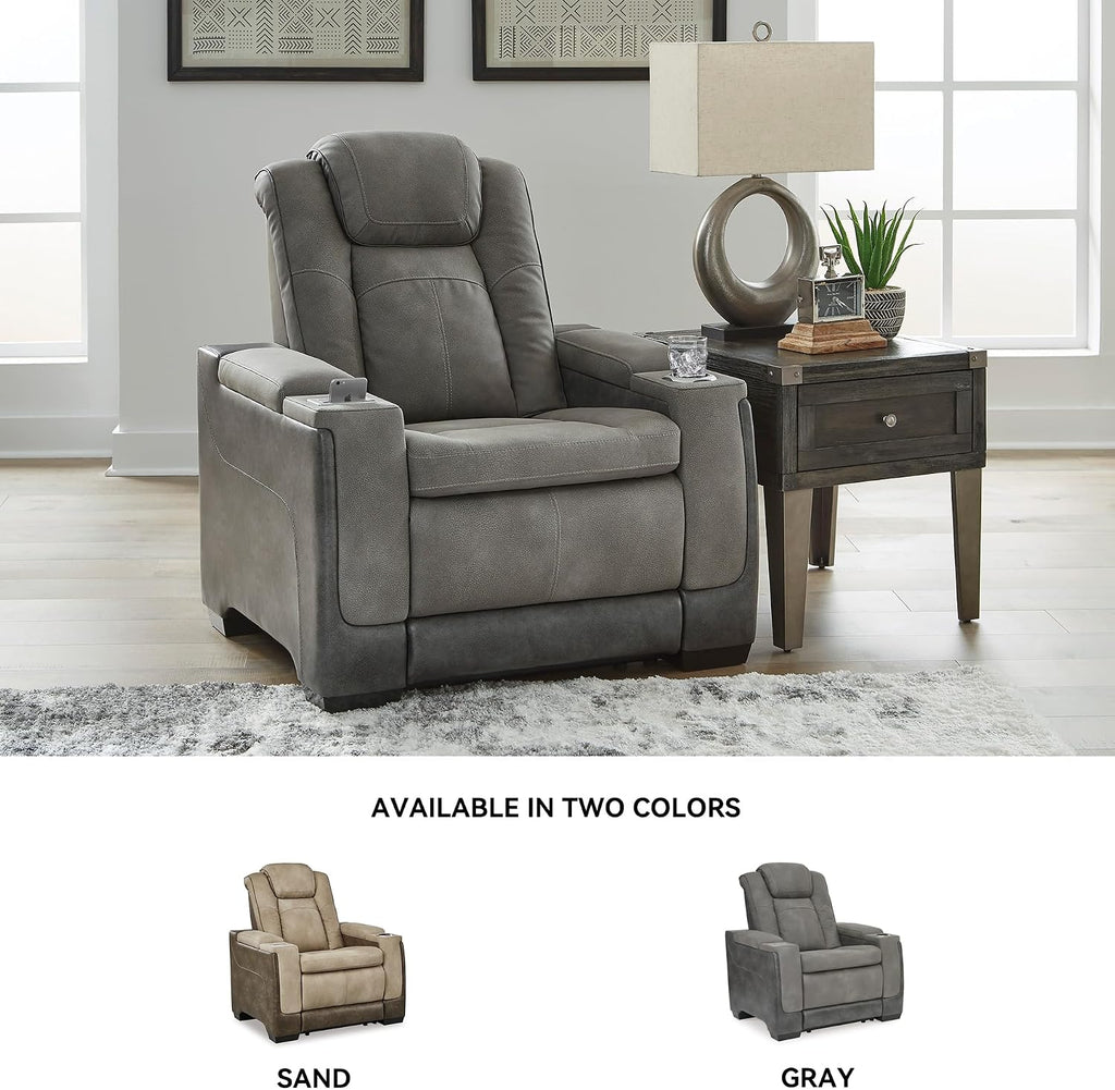 Signature Design by Ashley Next-Gen DuraPella Power Recliner with Adjustable Headrest, Storage Armrests, Wireless & USB Charging, Faux Leather, 2-Tone Gray