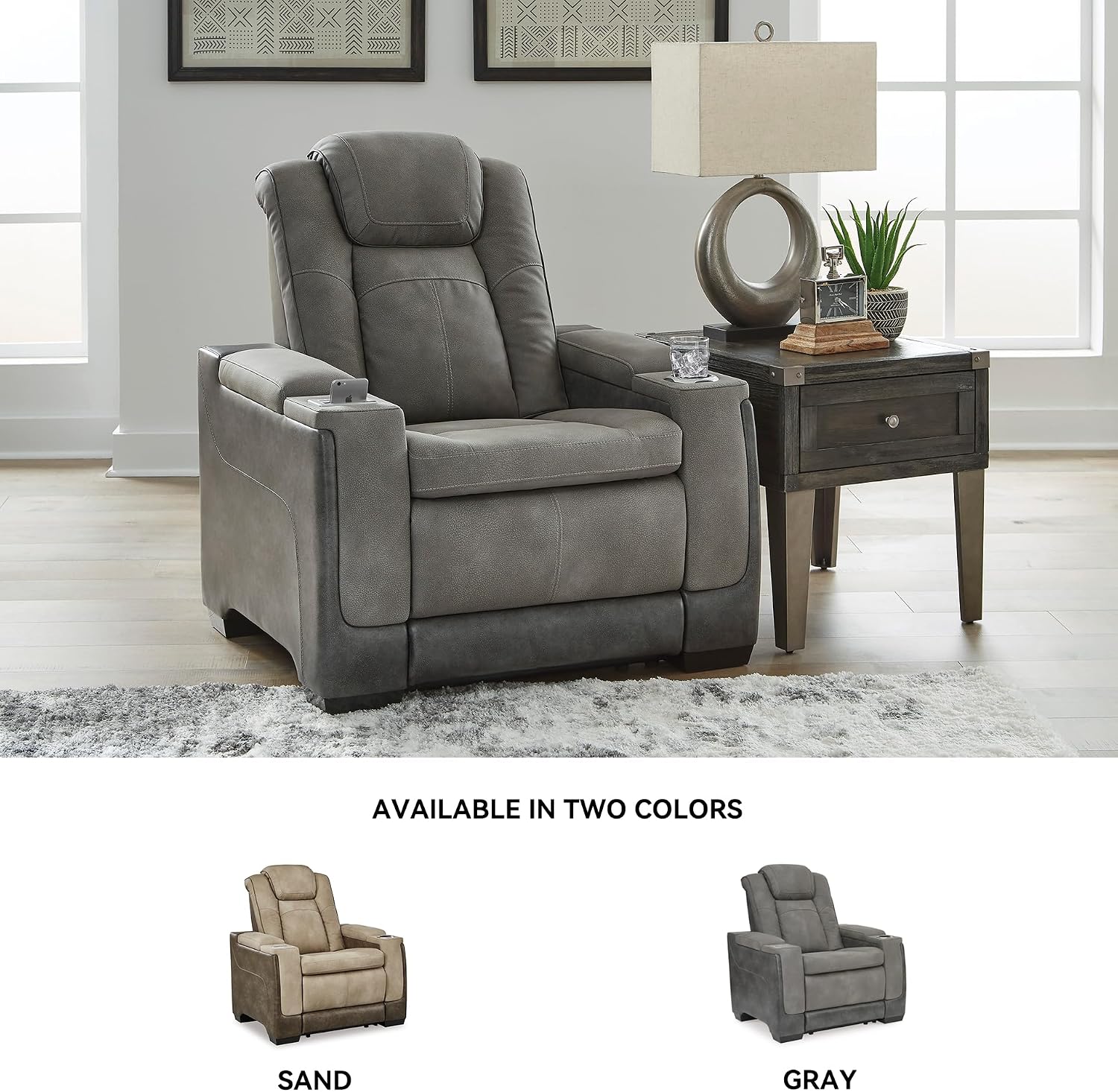 Signature Design by Ashley Next-Gen DuraPella Power Recliner with Adjustable Headrest, Storage Armrests, Wireless & USB Charging, Faux Leather, 2-Tone Gray