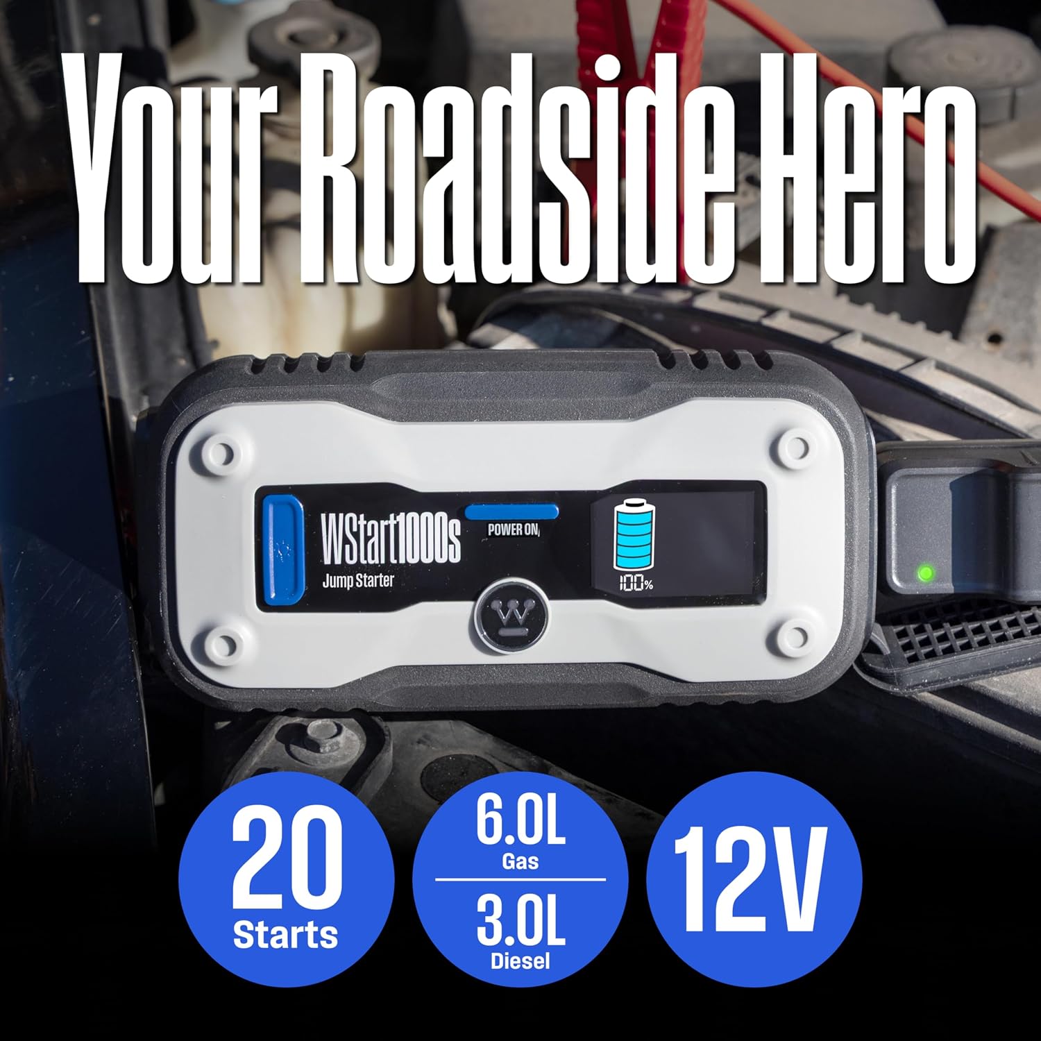 Westinghouse 1500A Portable Jump Starter & USB Power Bank - 12V Car Battery Booster Pack Jump Box for Up to 6.0L Gas & 3.0L Diesel Engines, Bright LED Flashlight, IP65 Rated Waterproof Housing