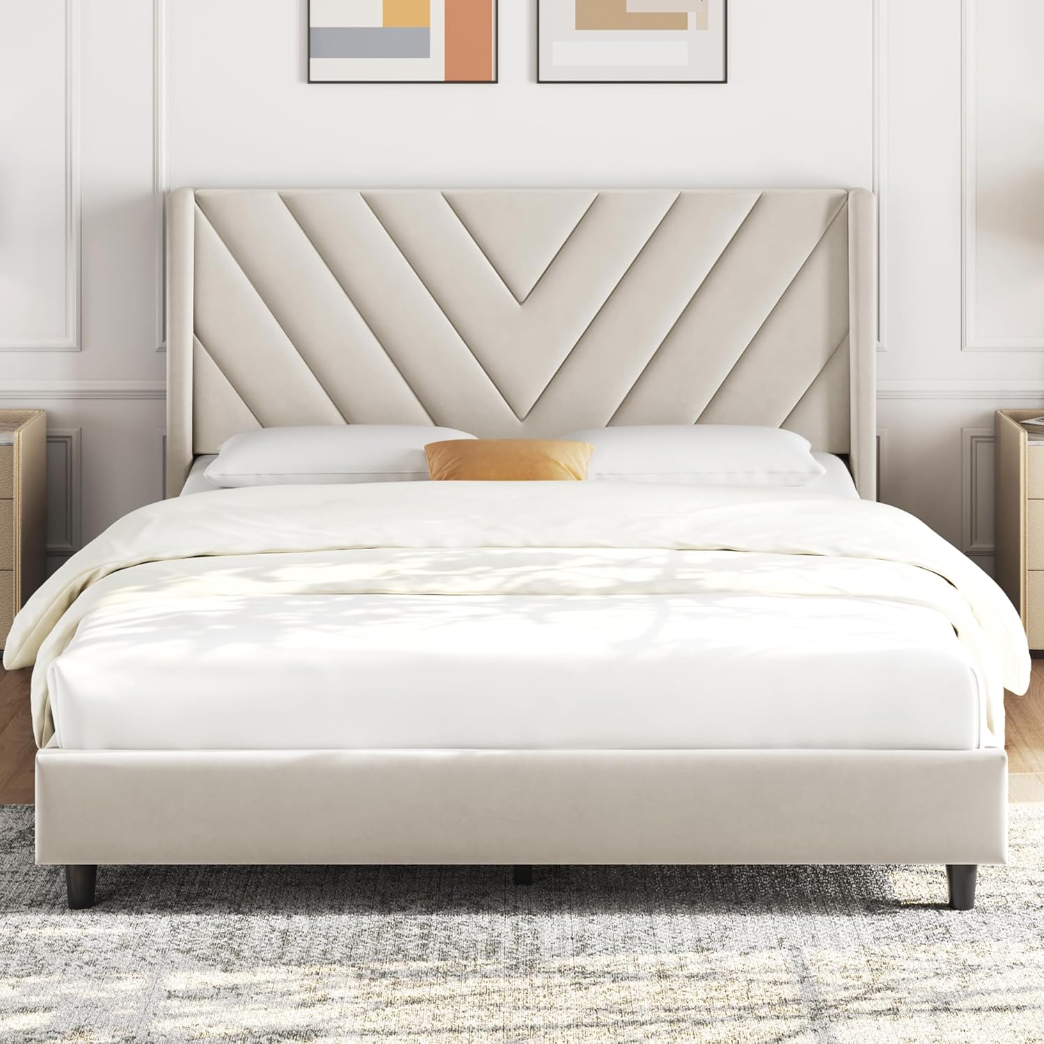 Yaheetech Queen Bed Frame Upholstered Platform Bed/Wooden Slat Support/Tufted Headboard with Wing Side/Mattress Foundation/No Box Spring Needed,Beige Queen
