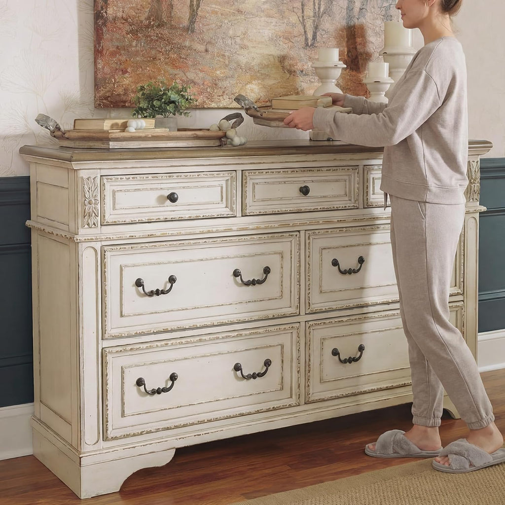 Signature Design by Ashley Realyn French Country 7 Drawer Dresser, Two-Tone Chipped White and Distressed Wood Finish, Smooth-Gliding Bedroom Storage, Ideal for Master Suites, 64" W