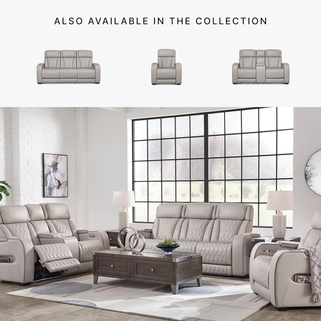 Signature Design by Ashley Boyington Contemporary Leather Match Power Reclining Sofa with USB Charging Ports, LED Lights and Adjustable Headrest, Light Gray