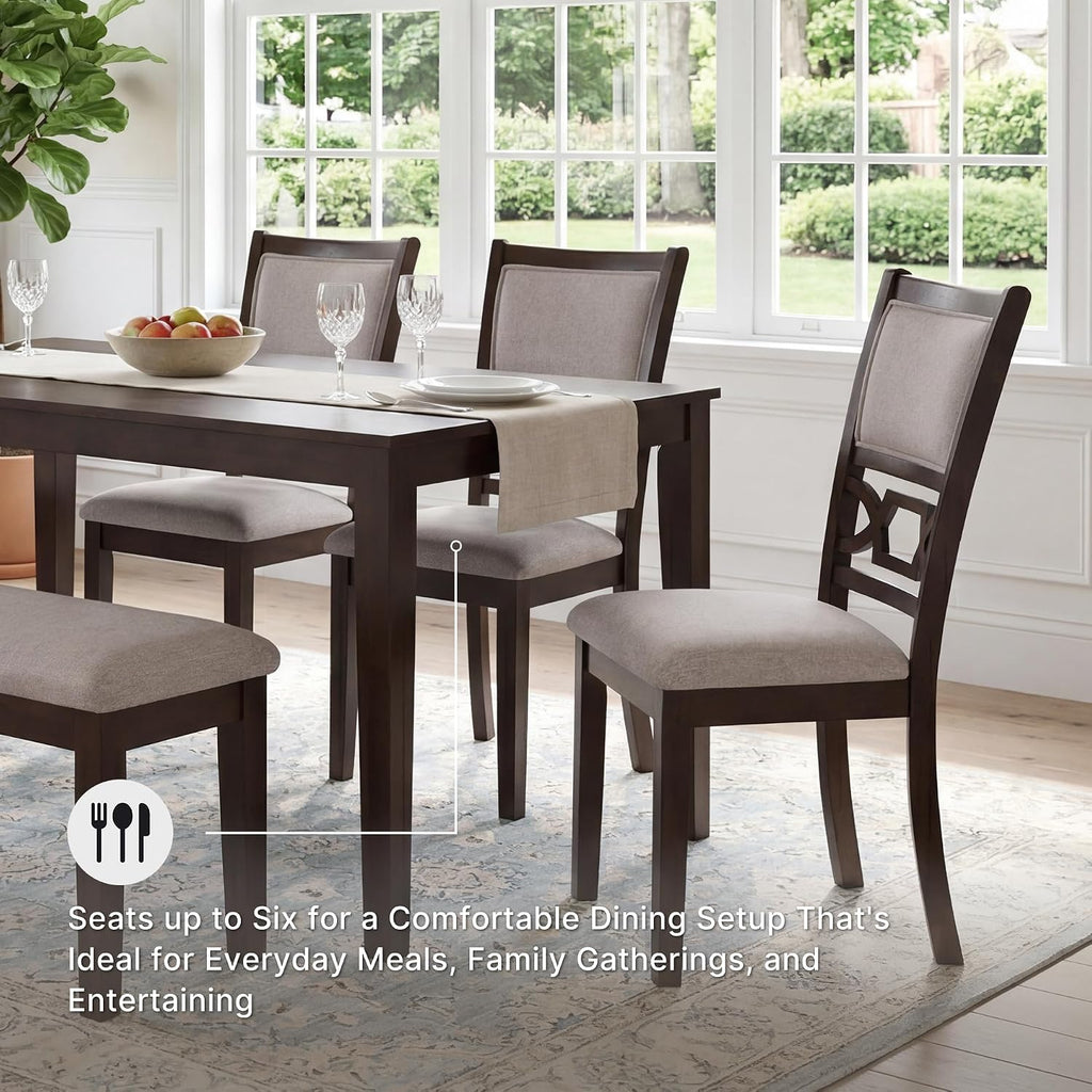 Signature Design by Ashley Langwest Dining Table Set for 6, Transitional 6-Piece Wood Kitchen Table and Chairs Set with Bench, Cushioned Seats, Cherry Brown