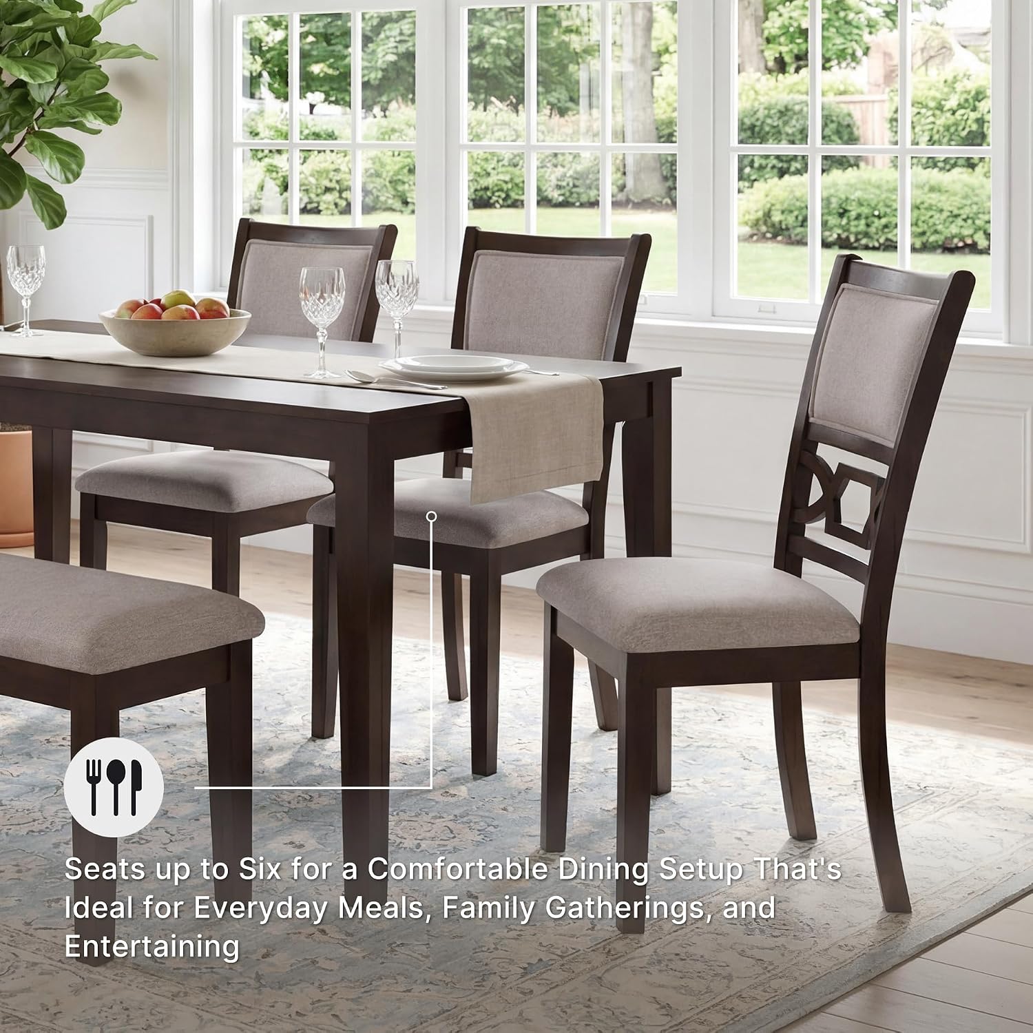 Signature Design by Ashley Langwest Dining Table Set for 6, Transitional 6-Piece Wood Kitchen Table and Chairs Set with Bench, Cushioned Seats, Cherry Brown