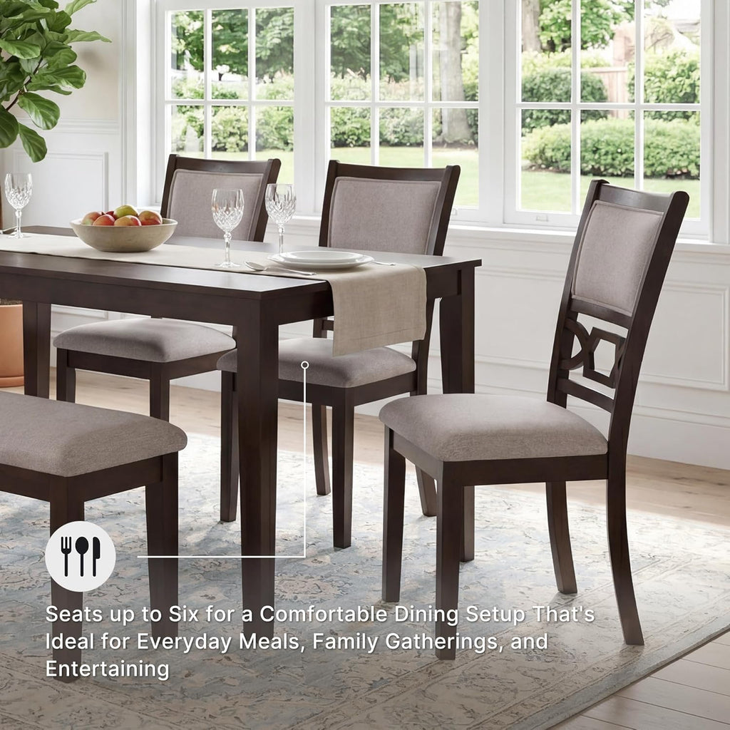 Signature Design by Ashley Langwest Dining Table Set for 6, Transitional 6-Piece Wood Kitchen Table and Chairs Set with Bench, Cushioned Seats, Cherry Brown
