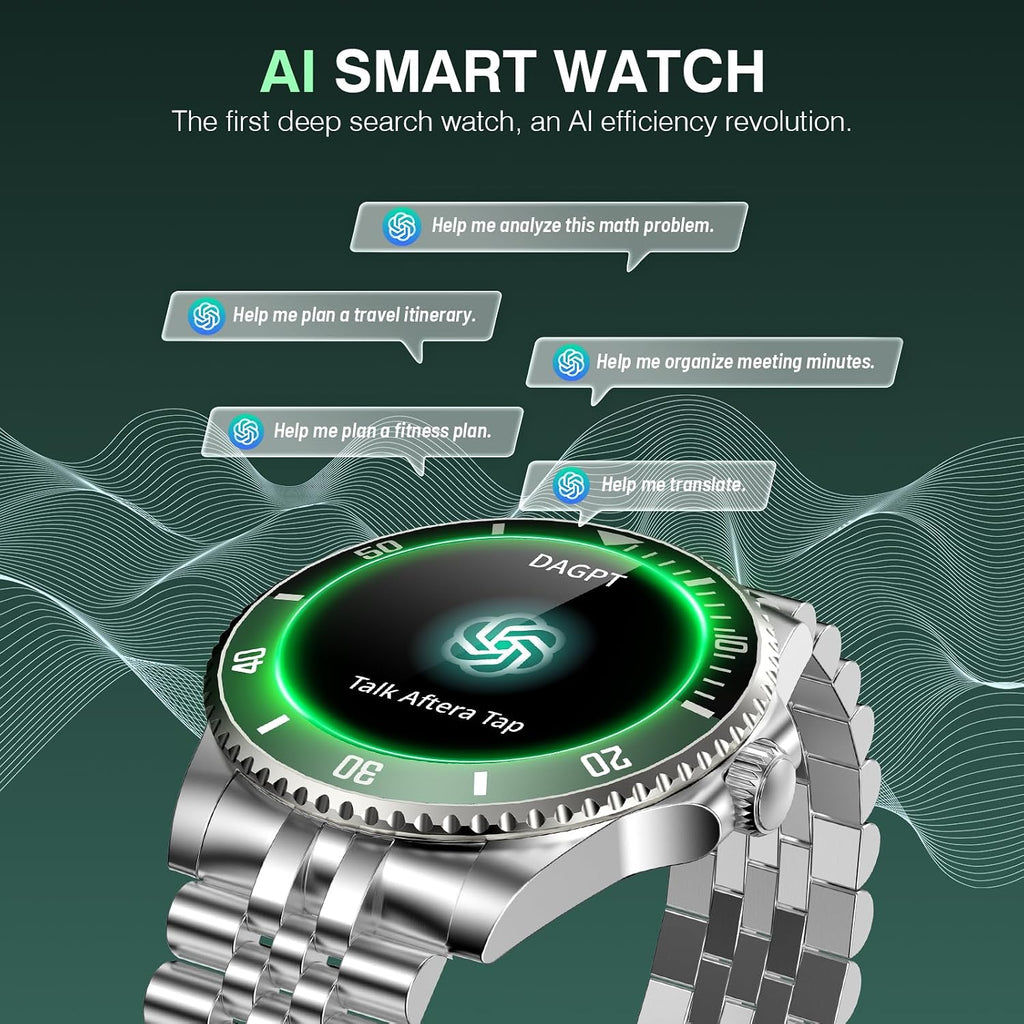 SOUYIE GPT AI Smart Watch for Men, Bluetooth Call Heart Rate Blood Pressure Blood Oxygen Sleep Monitor, 107 Sports Modes 1.19" AMOLED Display Waterproof Fitness Tracker Android iOS, 44mm Silver Green