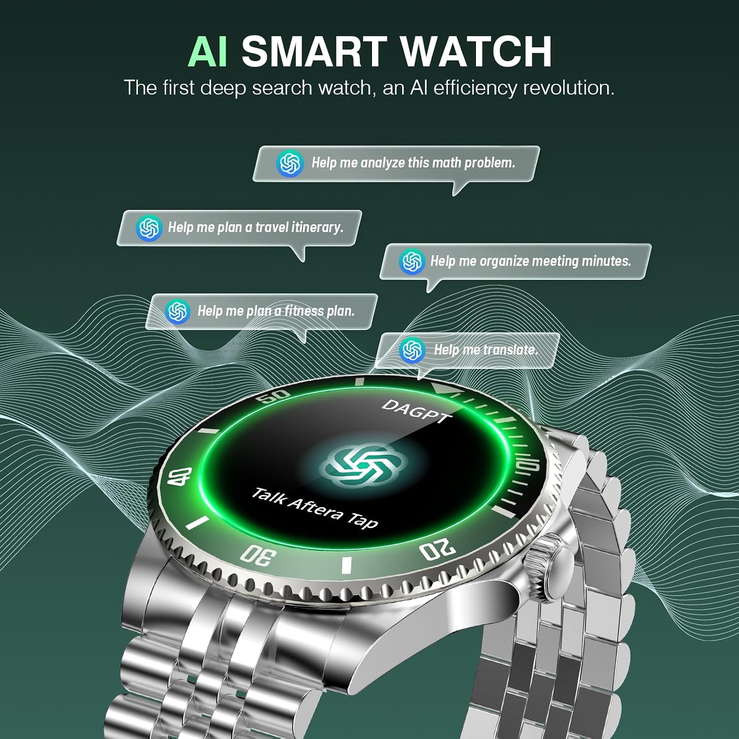 SOUYIE GPT AI Smart Watch for Men, Bluetooth Call Heart Rate Blood Pressure Blood Oxygen Sleep Monitor, 107 Sports Modes 1.19" AMOLED Display Waterproof Fitness Tracker Android iOS, 44mm Silver Green