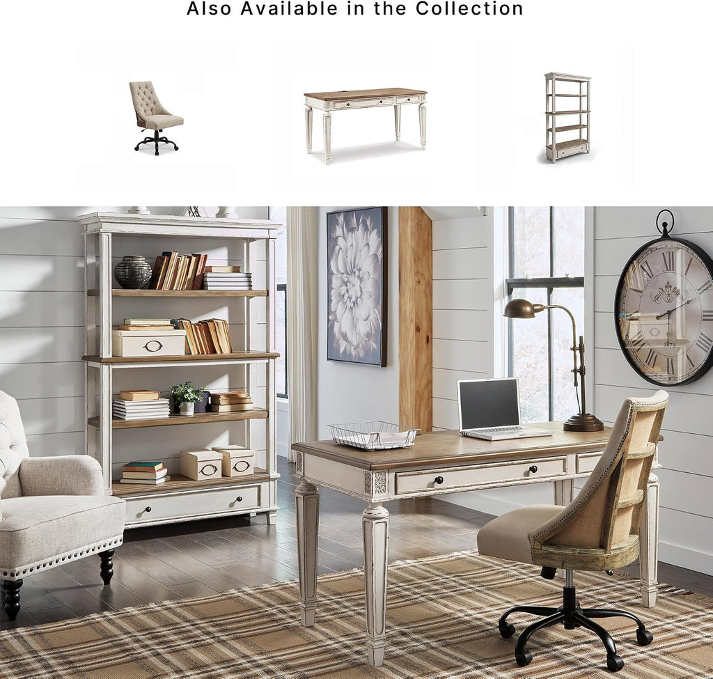 Signature Design by Ashley Realyn Farmhouse Home Office Desk, 2 Drawers, Drop-down Drawer, USB Charging, Wood, 60" W x 28" D x 31" H, Chipped White and Brown