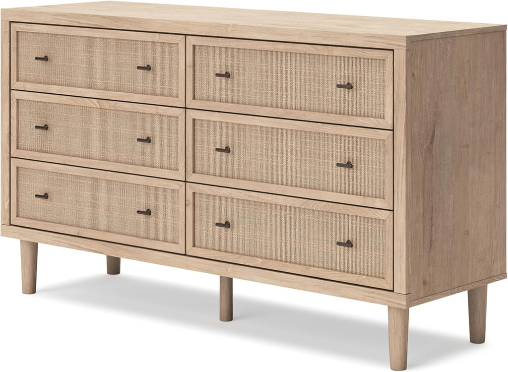 Signature Design by Ashley Cielden 6 Drawer Dresser, Quick 10-Minute Assembly, Textured Cane Details, Coastal Modern Bedroom Storage, Light Brown Two-Tone