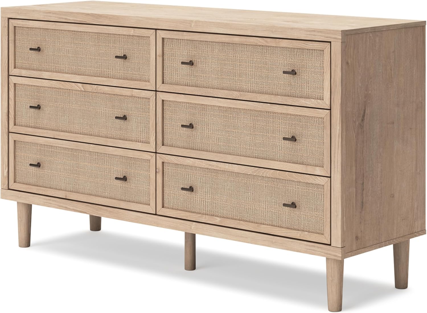 Signature Design by Ashley Cielden 6 Drawer Dresser, Quick 10-Minute Assembly, Textured Cane Details, Coastal Modern Bedroom Storage, Light Brown Two-Tone