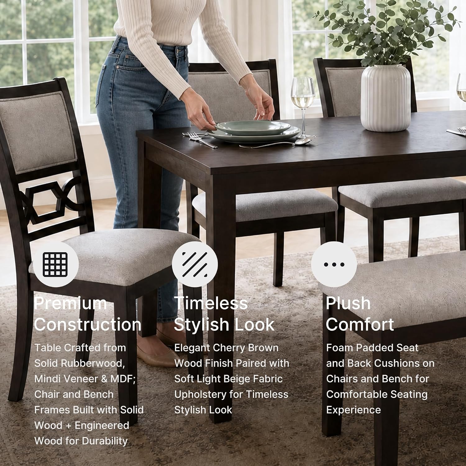 Signature Design by Ashley Langwest Dining Table Set for 6, Transitional 6-Piece Wood Kitchen Table and Chairs Set with Bench, Cushioned Seats, Cherry Brown