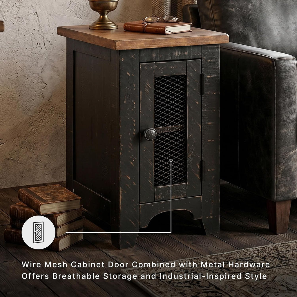 Signature Design by Ashley Valebeck Chairside End Table, Small Side Table with Storage Cabinet for Living Room Decor, Pine Veneers, Pine Wood, and Engineered Wood, Distressed Black/Brown