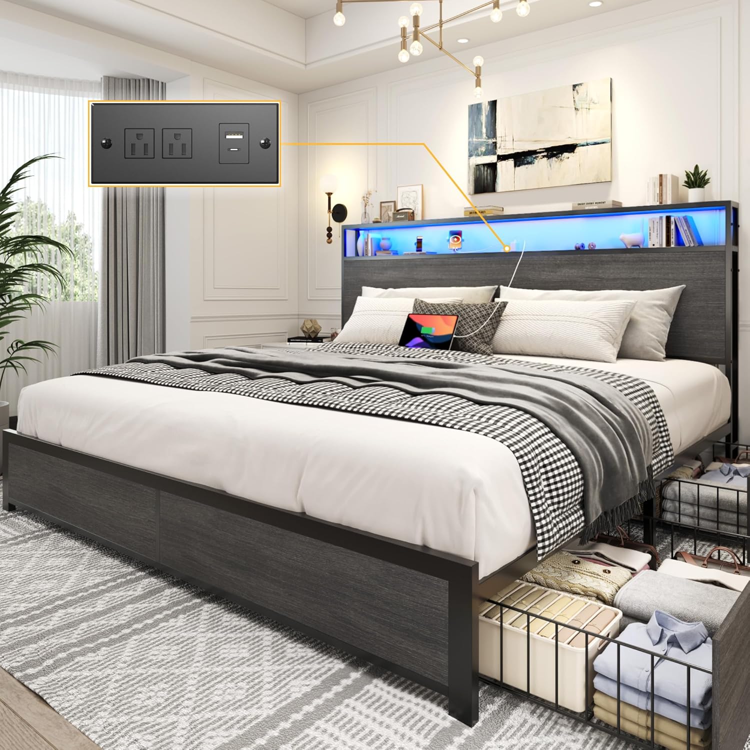 Lifezone Queen Bed Frame with 2-Tier Storage Headboard, Metal Platform Bed Frame with 4 Storage Drawers, Built in Charging Station & LED, Noise-Free/Metal Support/No Box Spring Needed, Vintage Brown