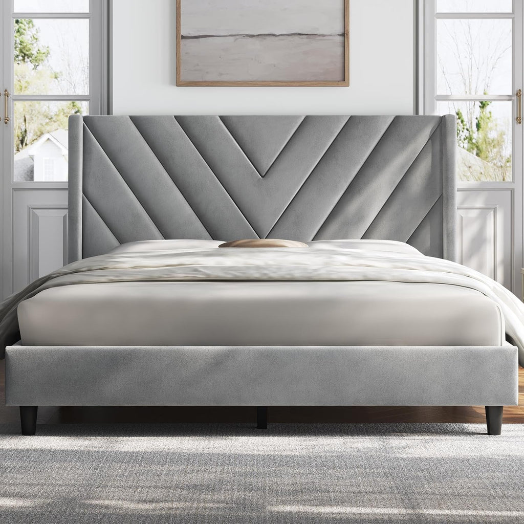 Yaheetech Queen Bed Frame Upholstered Platform Bed/Wooden Slat Support/Tufted Headboard with Wing Side/Mattress Foundation/No Box Spring Needed,Beige Queen