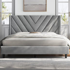 Yaheetech Queen Bed Frame Upholstered Platform Bed/Wooden Slat Support/Tufted Headboard with Wing Side/Mattress Foundation/No Box Spring Needed,Beige Queen