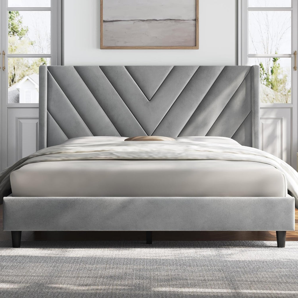 Yaheetech Queen Bed Frame Upholstered Platform Bed/Wooden Slat Support/Tufted Headboard with Wing Side/Mattress Foundation/No Box Spring Needed,Beige Queen