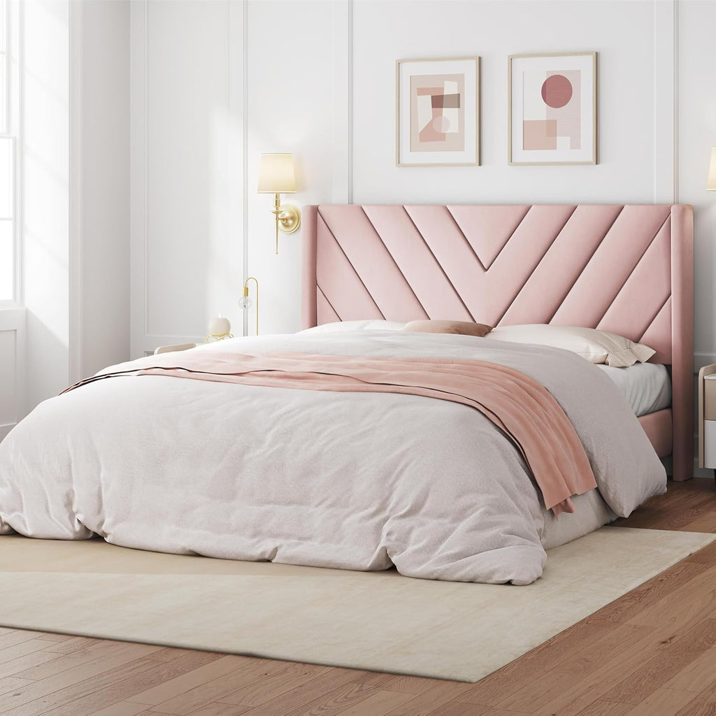 Yaheetech Queen Bed Frame Upholstered Platform Bed/Wooden Slat Support/Tufted Headboard with Wing Side/Mattress Foundation/No Box Spring Needed,Beige Queen