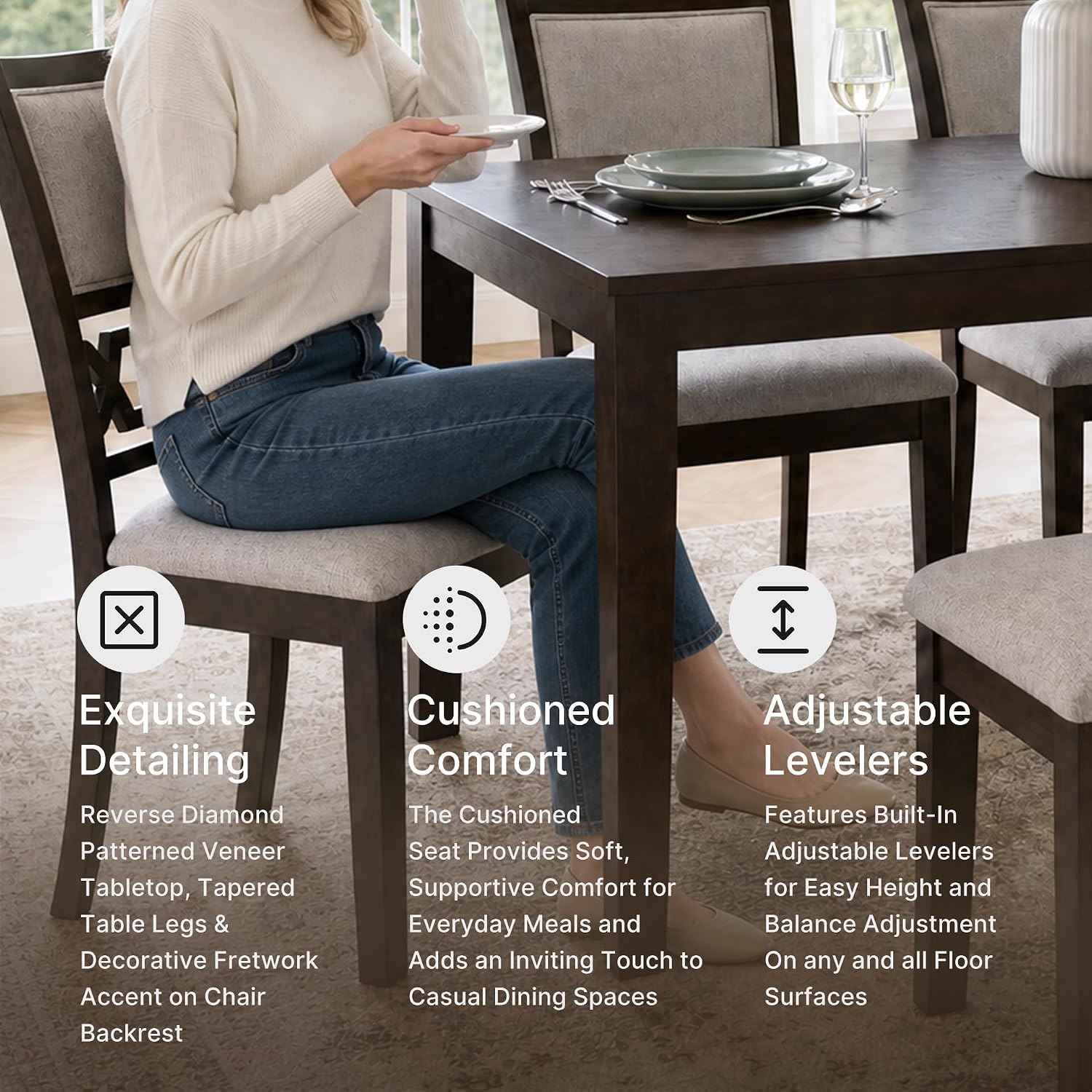 Signature Design by Ashley Langwest Dining Table Set for 6, Transitional 6-Piece Wood Kitchen Table and Chairs Set with Bench, Cushioned Seats, Cherry Brown