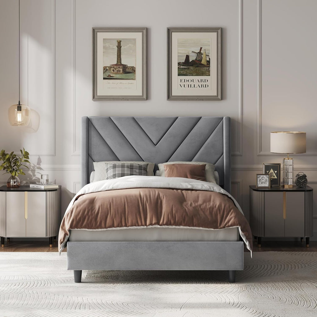 Yaheetech Queen Bed Frame Upholstered Platform Bed/Wooden Slat Support/Tufted Headboard with Wing Side/Mattress Foundation/No Box Spring Needed,Beige Queen