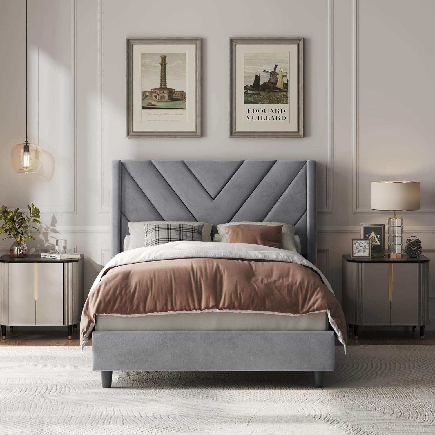 Yaheetech Queen Bed Frame Upholstered Platform Bed/Wooden Slat Support/Tufted Headboard with Wing Side/Mattress Foundation/No Box Spring Needed,Beige Queen