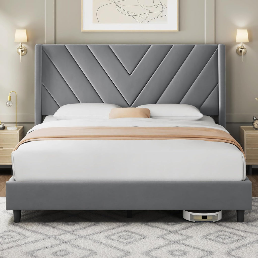 Yaheetech Queen Bed Frame Upholstered Platform Bed/Wooden Slat Support/Tufted Headboard with Wing Side/Mattress Foundation/No Box Spring Needed,Beige Queen