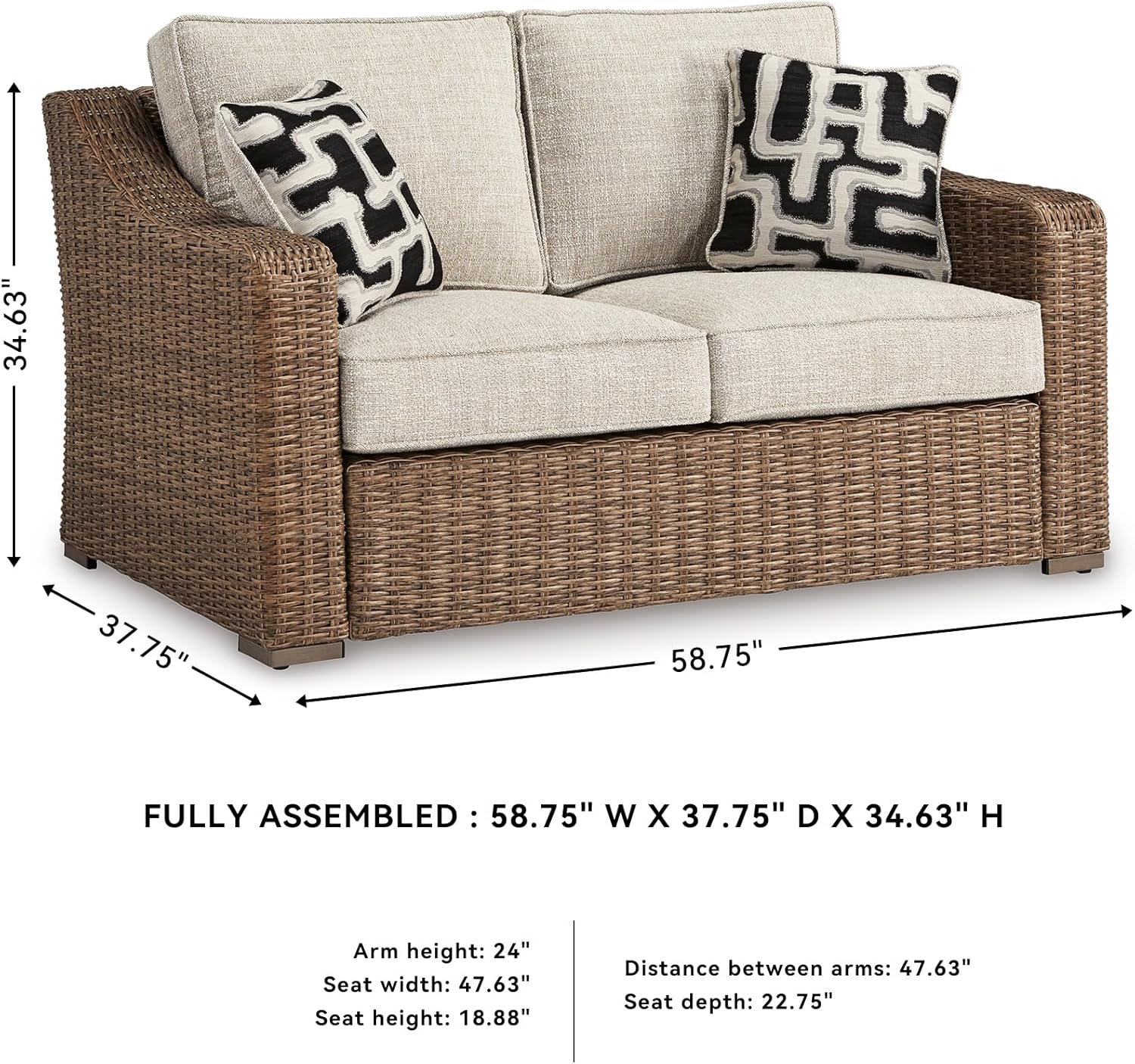 Signature Design by Ashley Beachcroft Outdoor Loveseat with High-Performance Nuvella Cushions, Resin Wicker on Rust-Resistant Aluminum Frame for Patio Seating, Beige