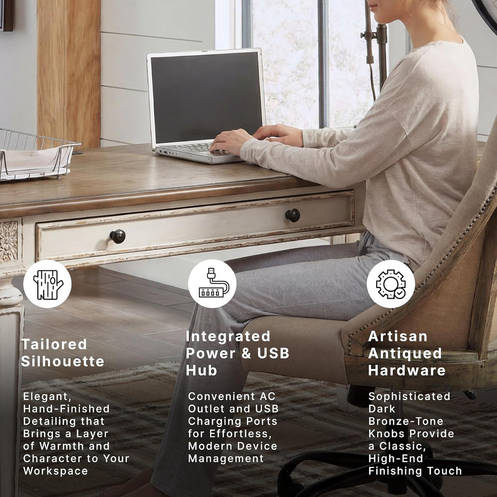 Signature Design by Ashley Realyn Farmhouse Home Office Desk, 2 Drawers, Drop-down Drawer, USB Charging, Wood, 60" W x 28" D x 31" H, Chipped White and Brown