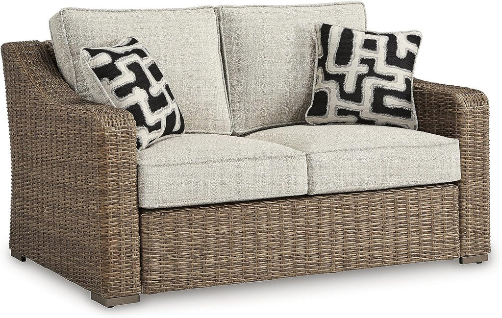 Signature Design by Ashley Beachcroft Outdoor Loveseat with High-Performance Nuvella Cushions, Resin Wicker on Rust-Resistant Aluminum Frame for Patio Seating, Beige