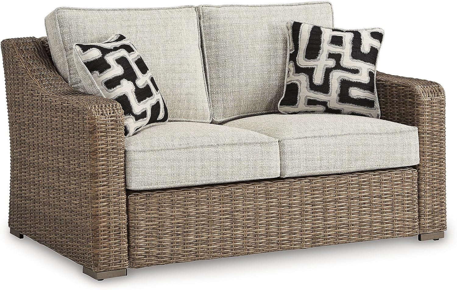 Signature Design by Ashley Beachcroft Outdoor Loveseat with High-Performance Nuvella Cushions, Resin Wicker on Rust-Resistant Aluminum Frame for Patio Seating, Beige