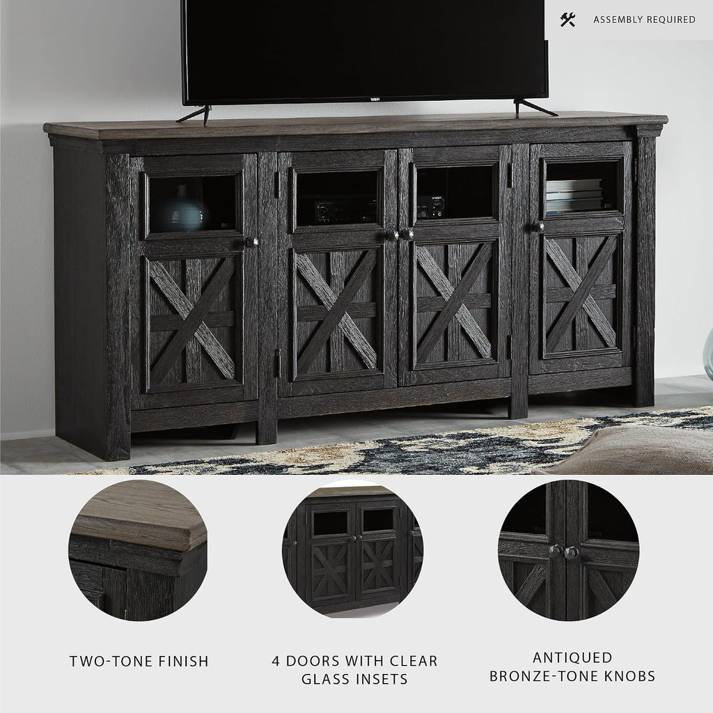 Signature Design by Ashley Tyler Creek Farmhouse TV Stand Fits TVs up to 72", 4 Glass Doors, 3 Adjustable Storage Shelves, Dark Gray