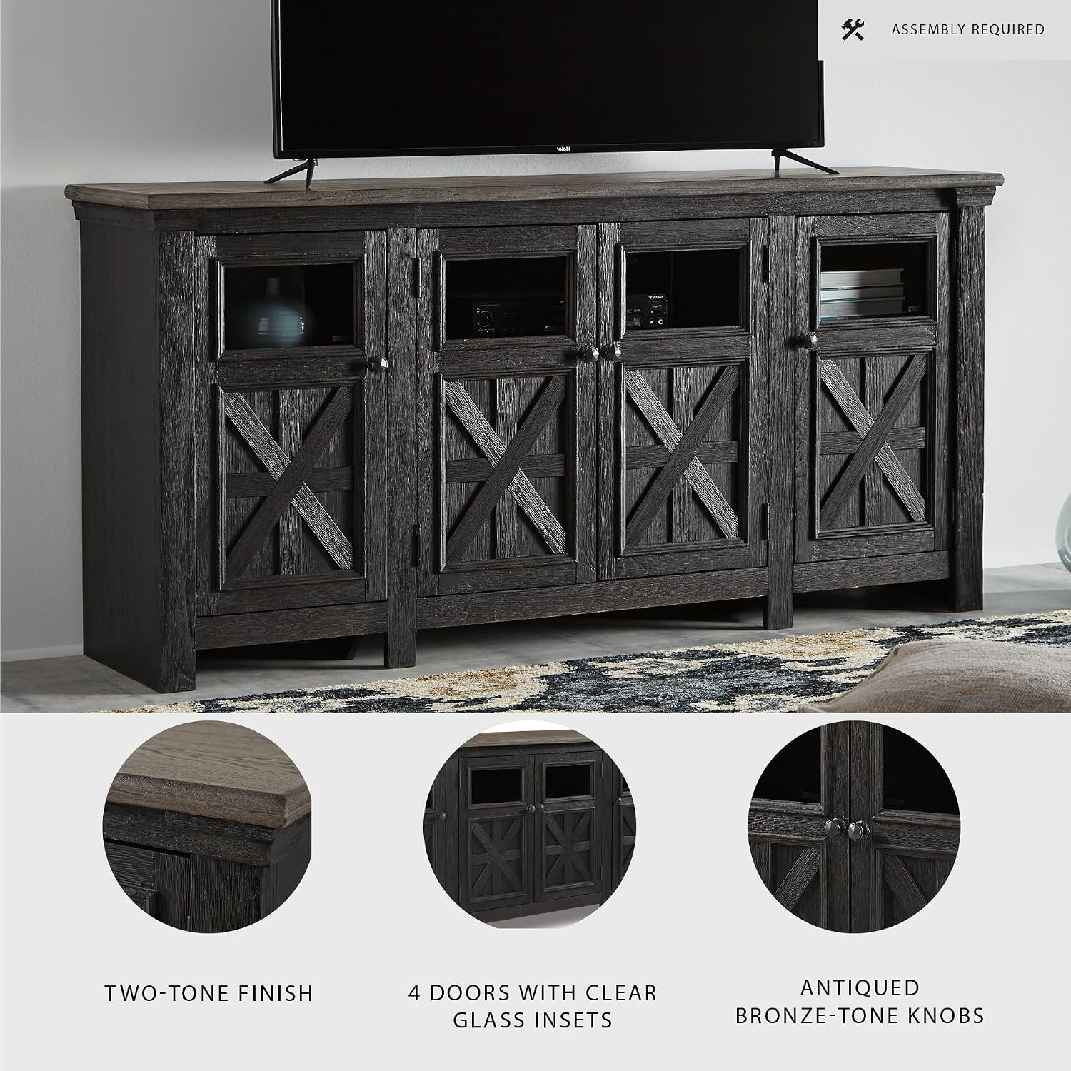 Signature Design by Ashley Tyler Creek Farmhouse TV Stand Fits TVs up to 72", 4 Glass Doors, 3 Adjustable Storage Shelves, Dark Gray