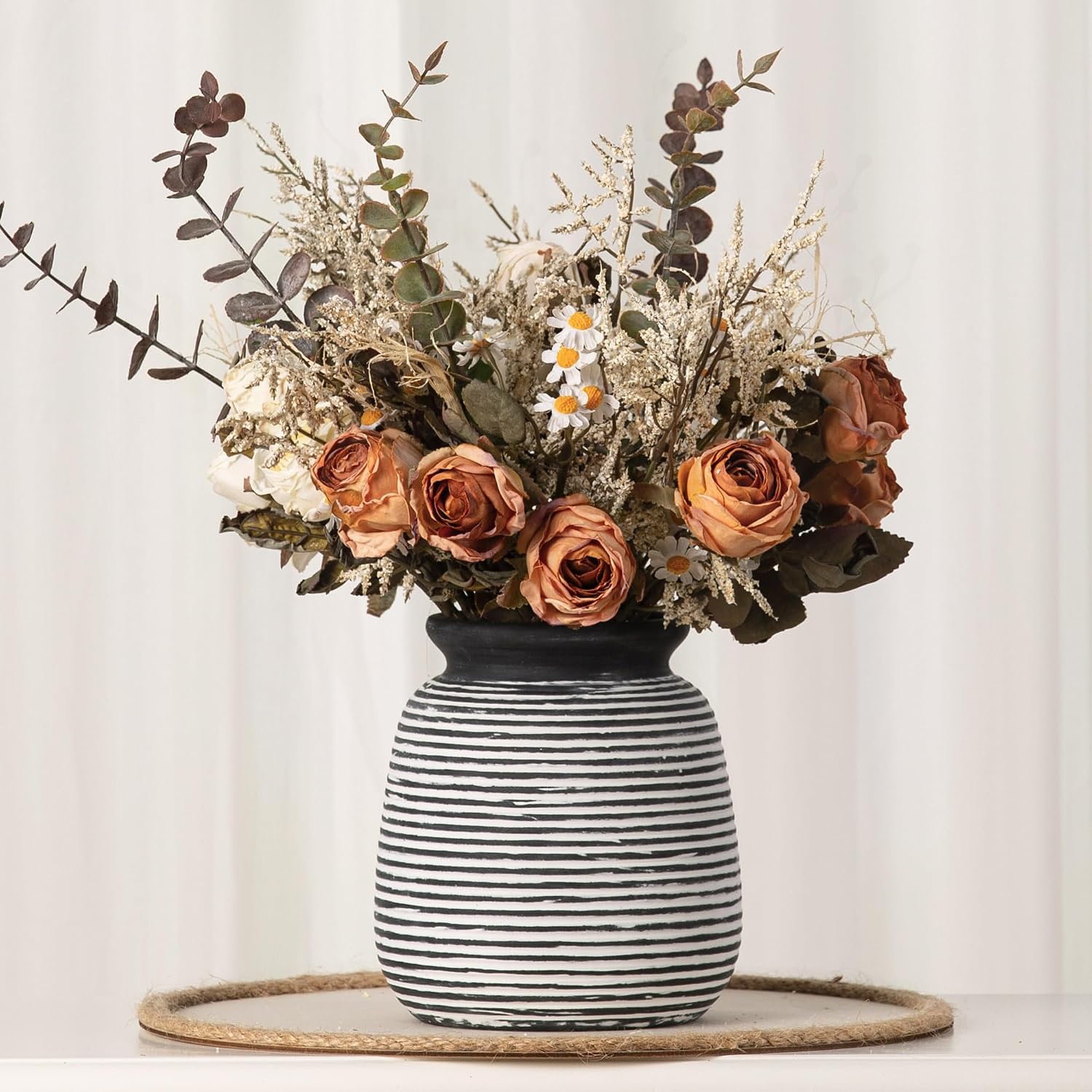 Ceramic Rustic Vase, Small Flower Farmhouse Vases Home Decor, 6“ Short Pottery Decorative Pampas Vase for Table Living Room Entryway Mantel Bookshelf Bedroom Bathroom Kitchen-Black