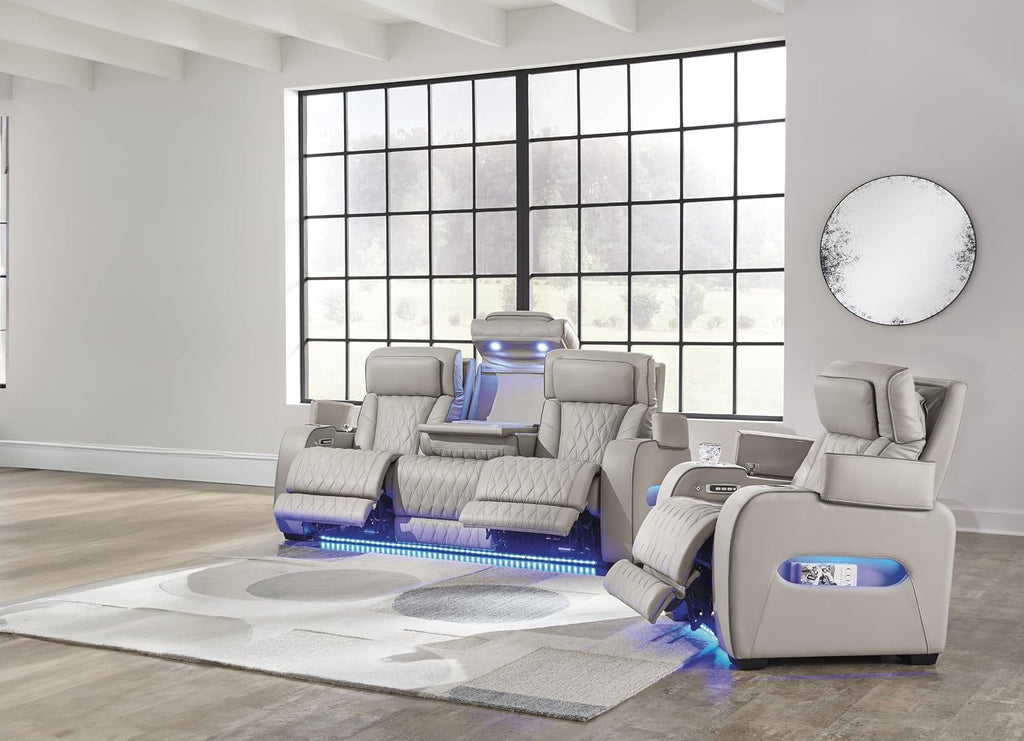 Signature Design by Ashley Boyington Contemporary Leather Match Power Reclining Sofa with USB Charging Ports, LED Lights and Adjustable Headrest, Light Gray