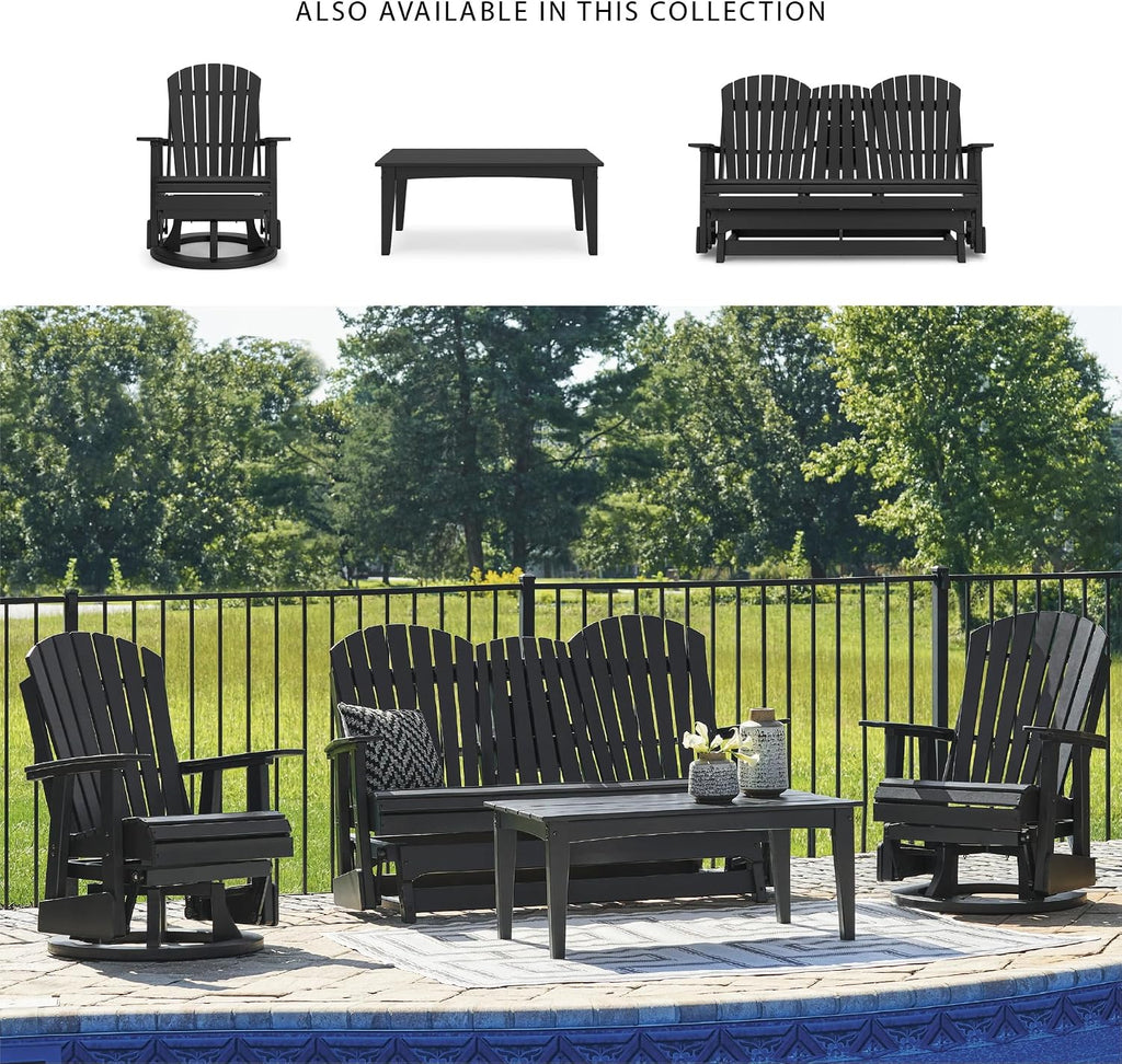 Signature Design by Ashley Hyland Wave Modern Weather Resistant HDPE Outdoor Glider Loveseat with Drop Down Table and 2 Cup Holders, Black