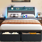 Furnulem Queen Size Bed Frame with Headboard Storage, Platform Bed Frame Queen Size with 2 Drawers, Charging Station and LED Lights, No Box Spring Needed, Noise Free, Easy Assembly (1200 lbs Capacity)