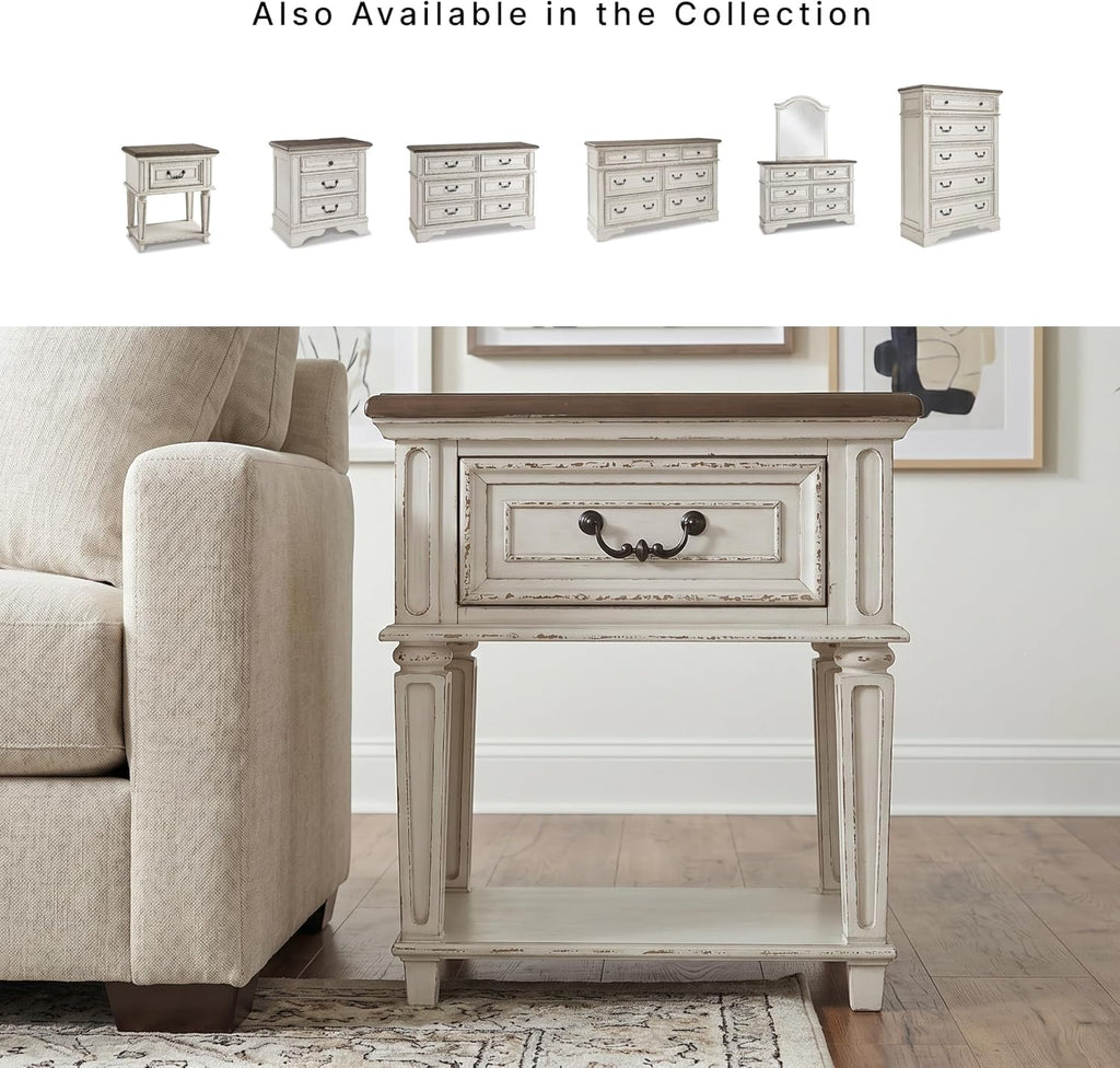 Signature Design by Ashley Realyn Traditional Cottage 1 Drawer Nightstand with Dovetail Construction & Open Display Shelf, Chipped White, 27" Tall, Distressed Brown