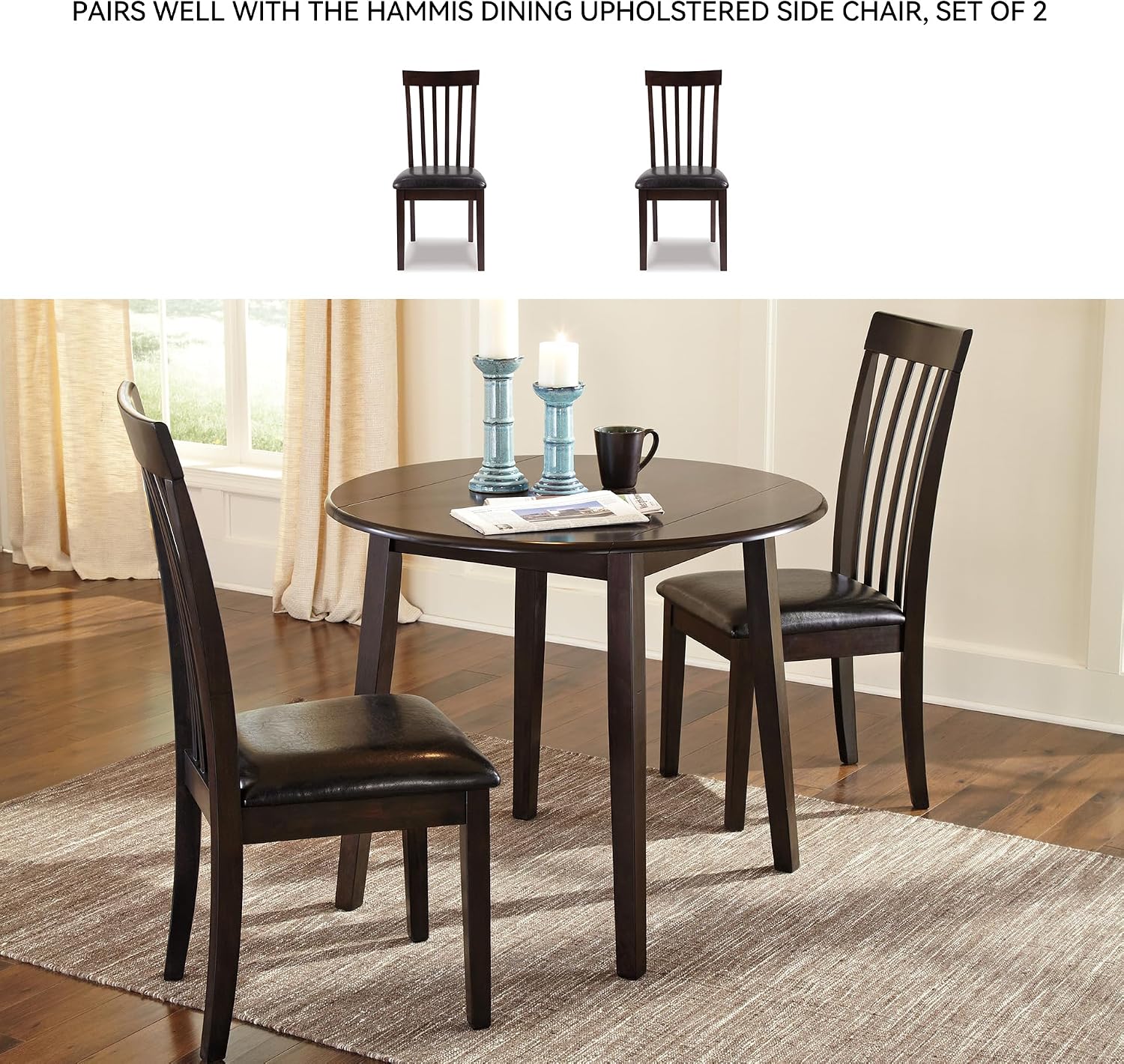 Signature Design by Ashley Hammis Round Dining Room Drop Leaf Table, Seats up to 4, Hinged Drop Leaves, Wood, 36.38" W x 36.38" D x 29.88" H, Dark Brown
