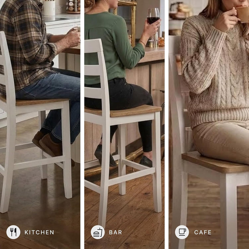 Signature Design by Ashley Gesthaven Counter Height Bar Stool, Set of 2, 24.25" Stools with Ladder Back, Solid Wood Frame, Contoured Mango Wood Veneer Seat, Kitchen Island Dining, Natural and White